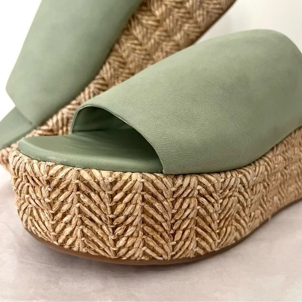 Free People Harbor Raffia Platform Wedge Platform Sandal Light Sage‎ Size 7 NIB
